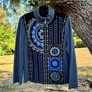 Vintage Bob Mackie Wearable Art heavily embroidered leather zip up jacket.Size L